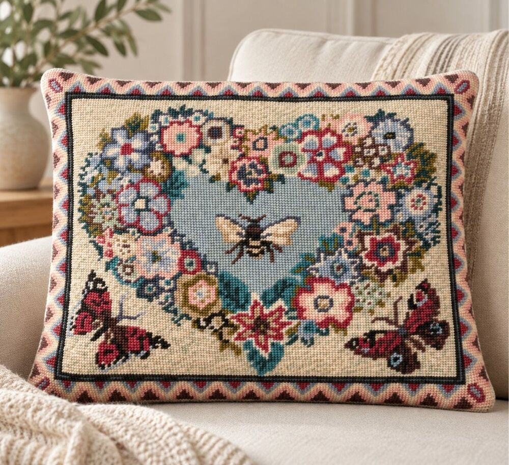Joanna Allen Needlepoint Canvas Bee Butterflies Floral Heart 16x13